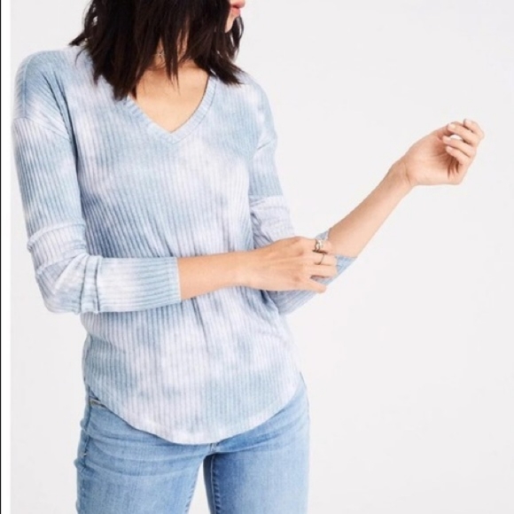 AEO Rib blue tiedye long sleeve top - Picture 1 of 3